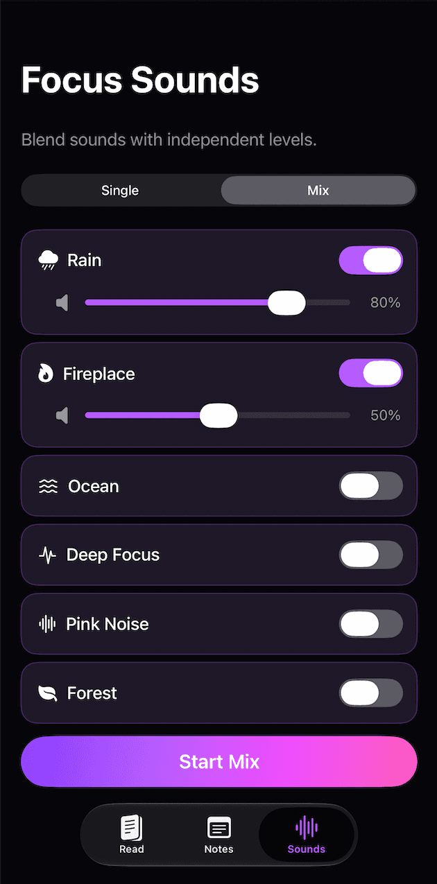 ADHD Reader Focus Sounds screen showing the sound selector, mix controls, Start Mix button, and Read, Notes, and Sounds navigation
