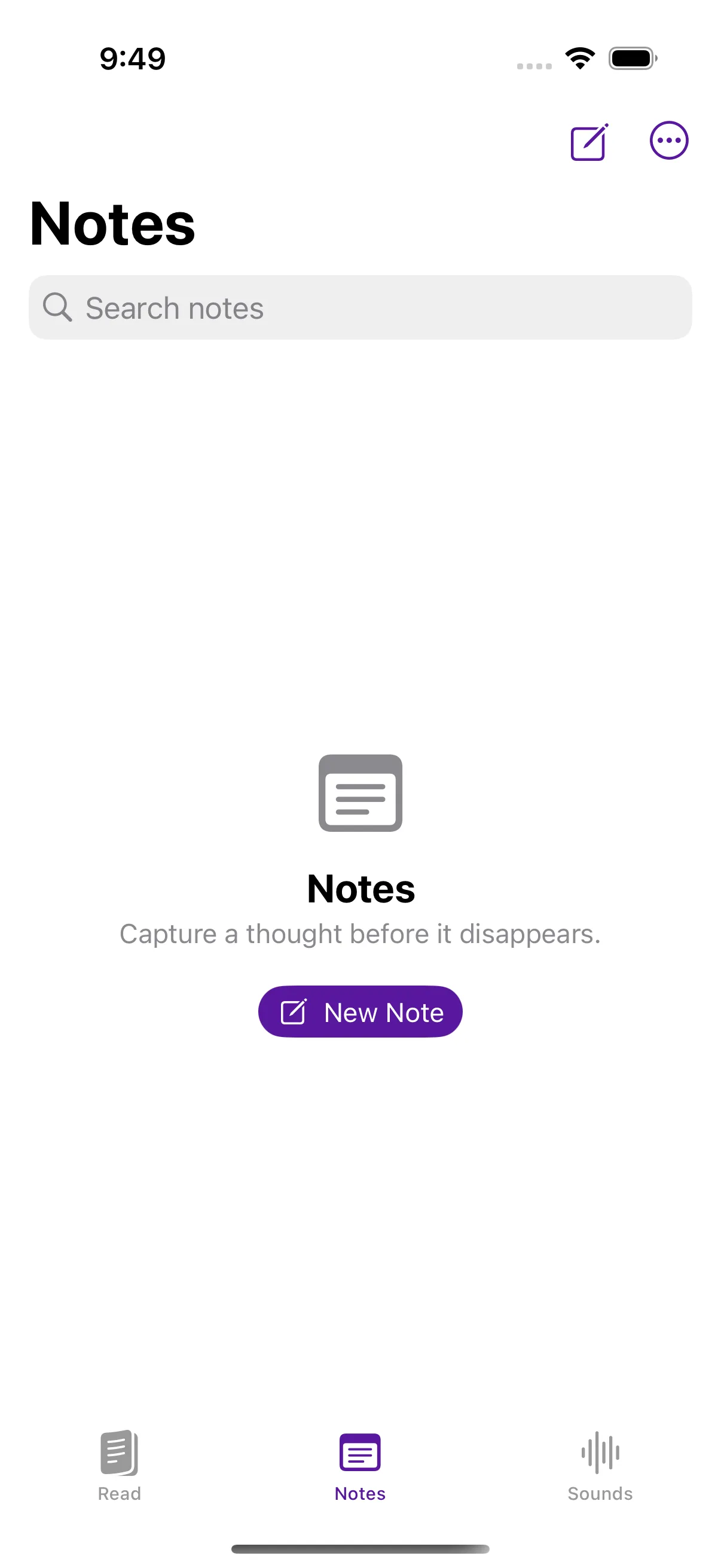 Current ADHD Reader Notes screen showing the native quick notes list