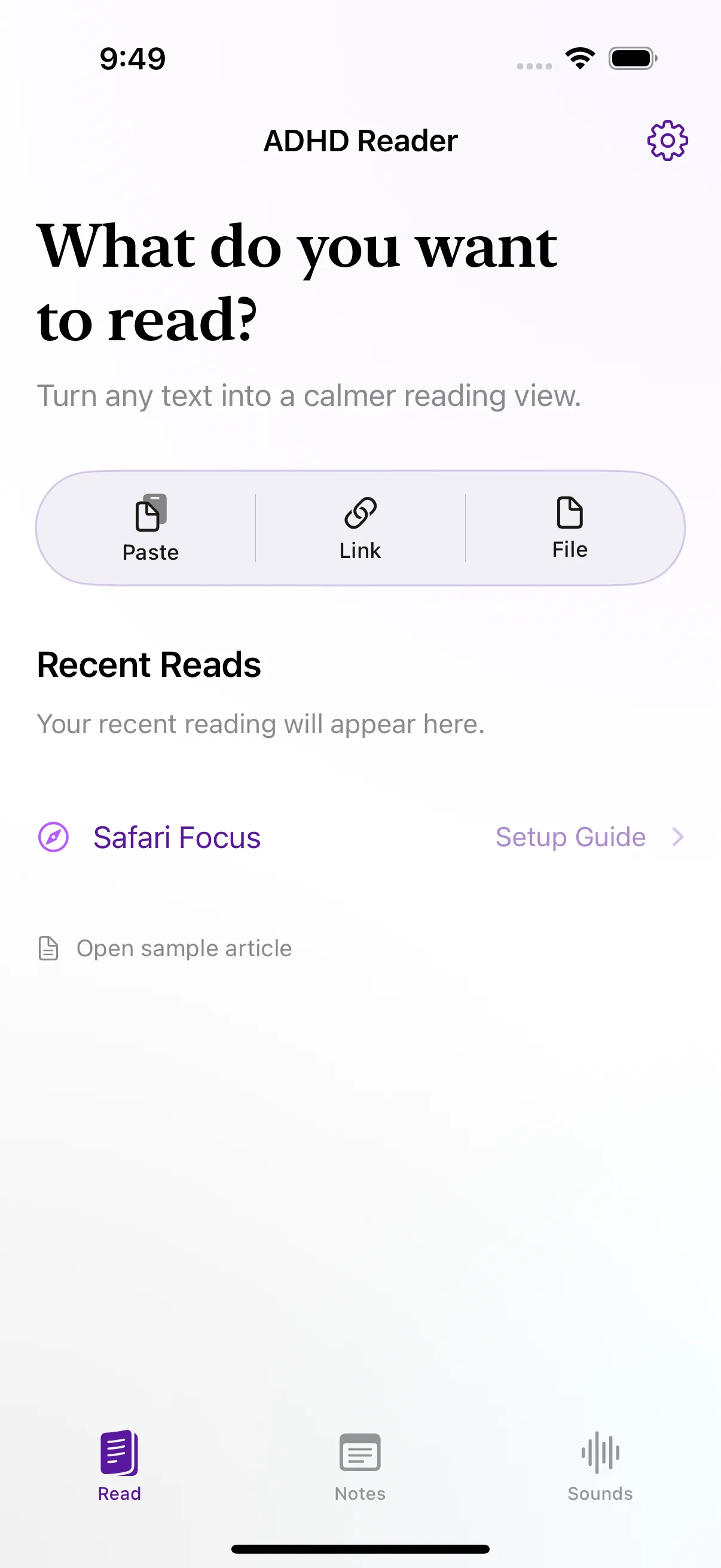 Current ADHD Reader Read screen showing the reading tools and navigation tabs