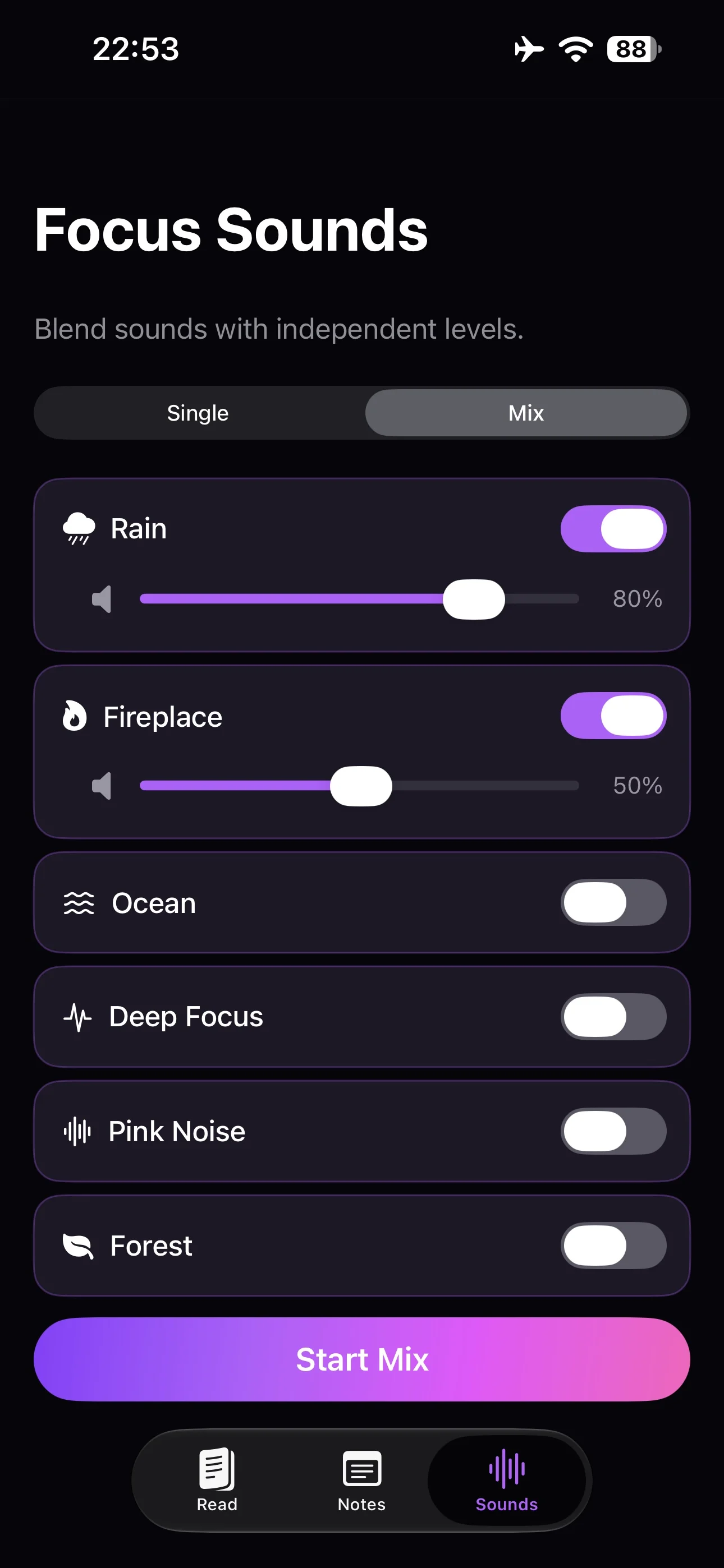 Current ADHD Reader Sounds Mix screen with Rain and Fireplace selected and their individual volume controls