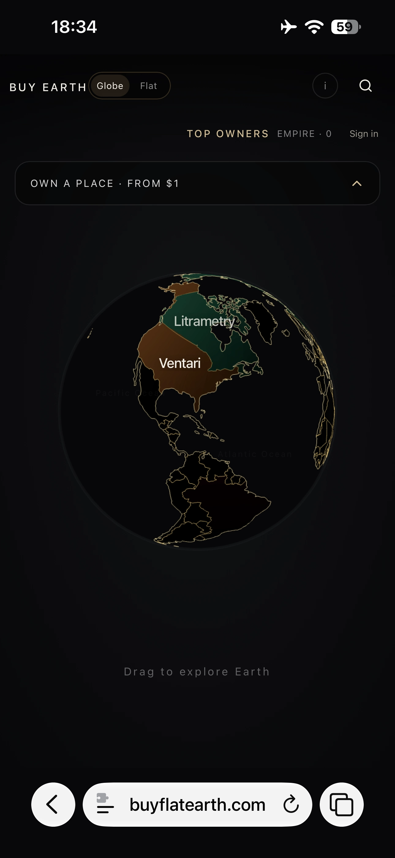 BUY EARTH live mobile marketplace showing its Globe view, current placements, and mobile browser controls